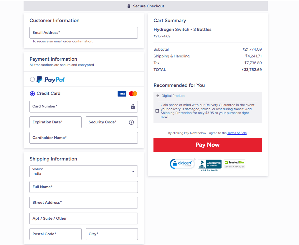 The Hydrogen Switch Checkout Page